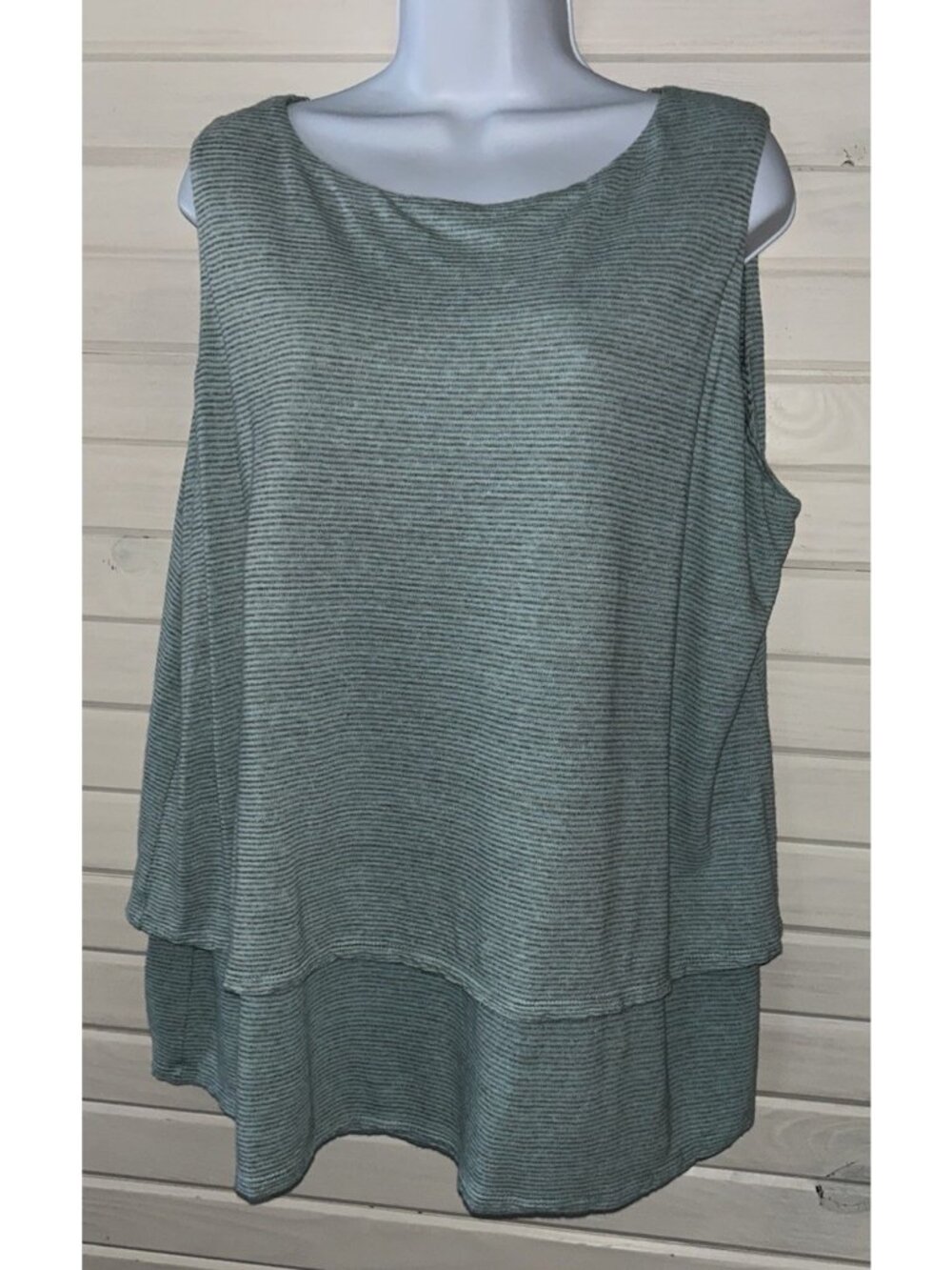 Purejill J Jill Sz PLUS 2X Green Pinstripe Linen Modal Layered Relaxed Tank EUC